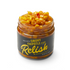 Open jar of Fourth Creek Smoky Chipotle Corn Relish, lid off, corn relish heaped above the rim