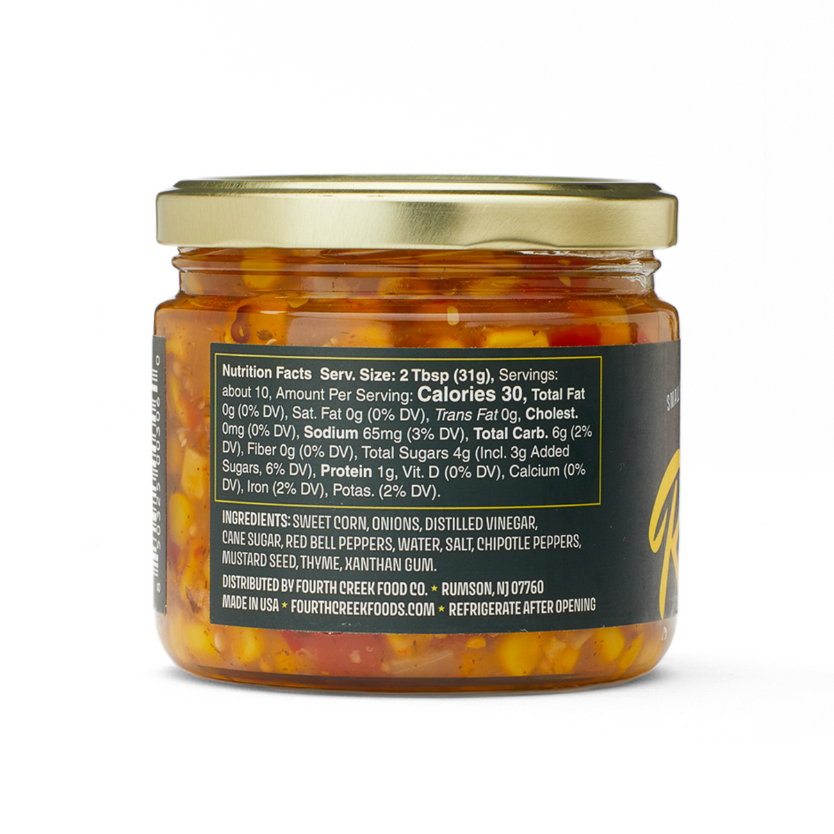 Smoky Chipotle Corn Relish jar, left side of label with nutrition facts and ingredients