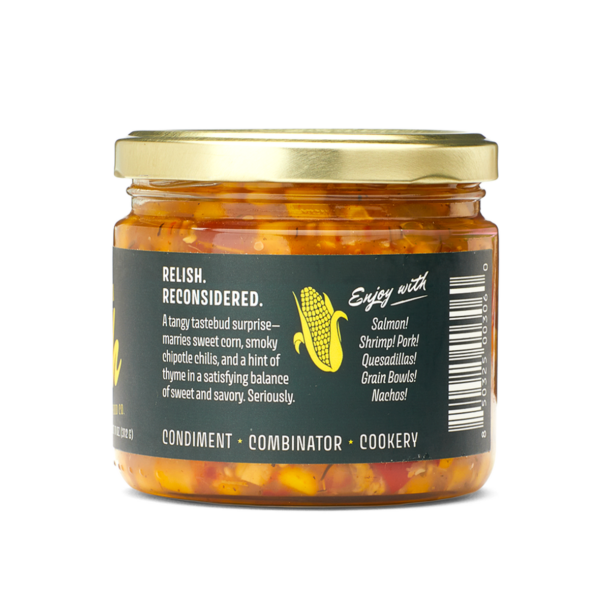 Smoky Chipotle Corn Relish jar, right side of label with serving ideas
