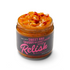 Open jar of Fourth Creek Balsamic Vinegar Pepper Relish, lid off, relish heaped above the rim