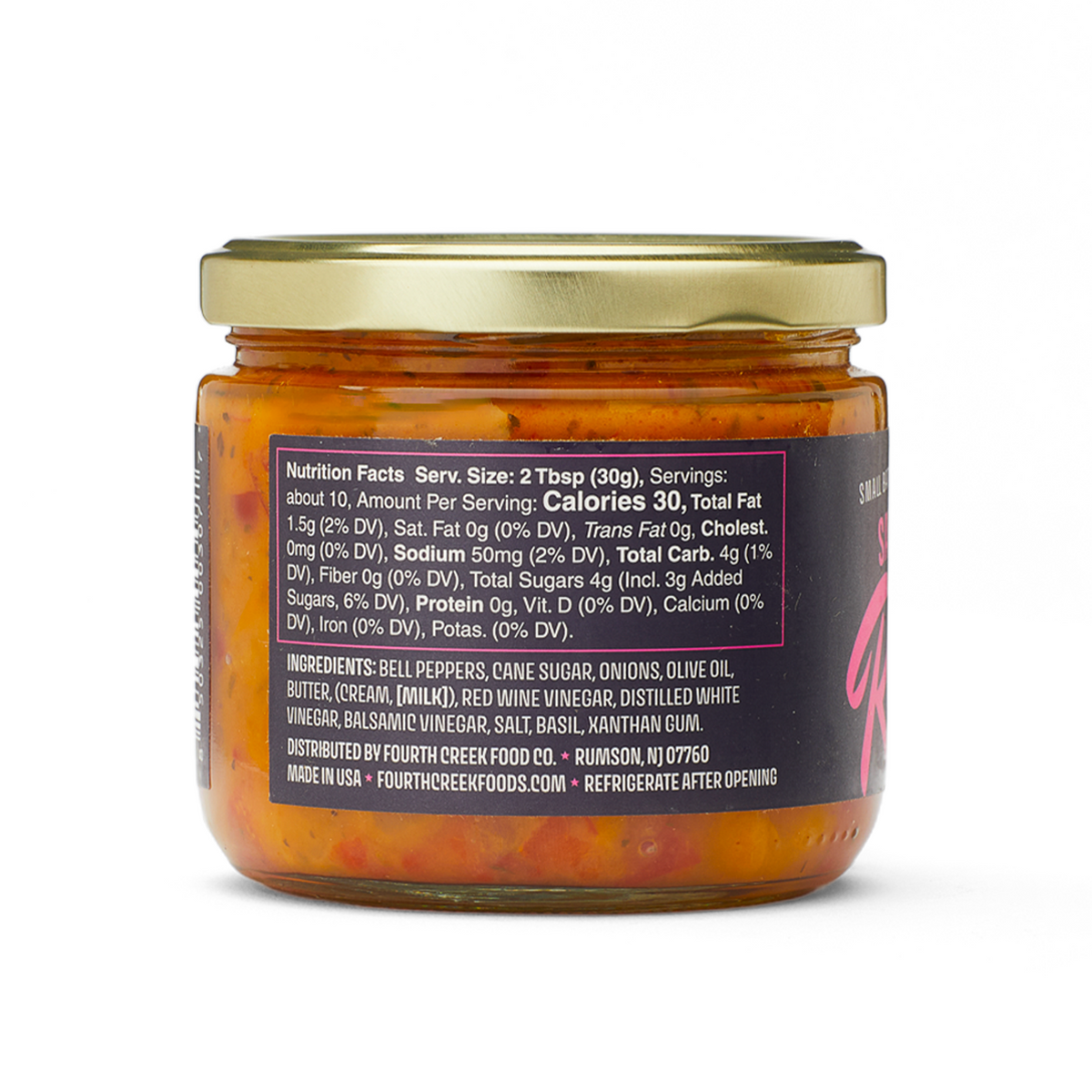 Balsamic Vinegar Pepper Relish jar, left side of label with nutrition facts and ingredients