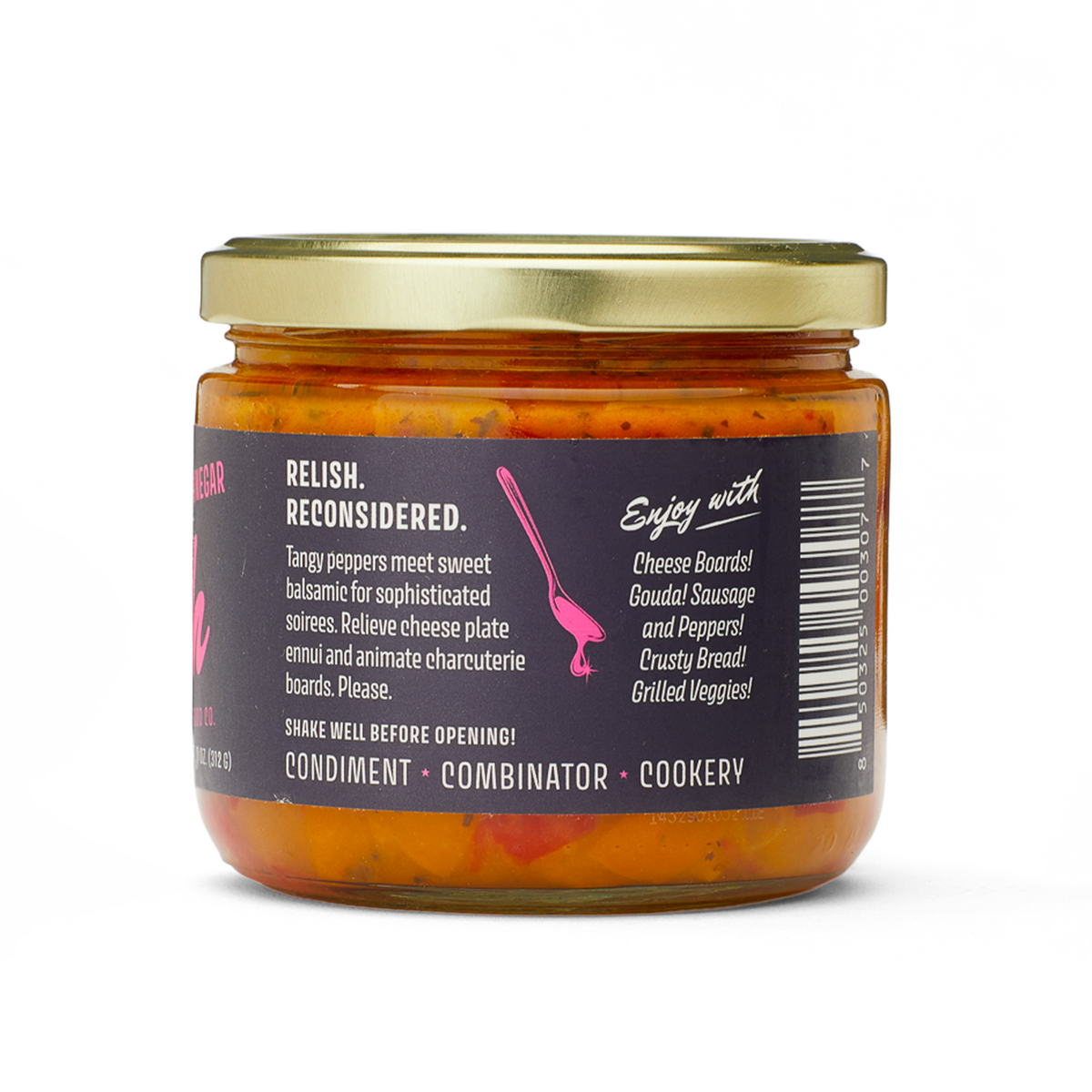 Balsamic Vinegar Pepper Relish jar, right side of label with serving ideas